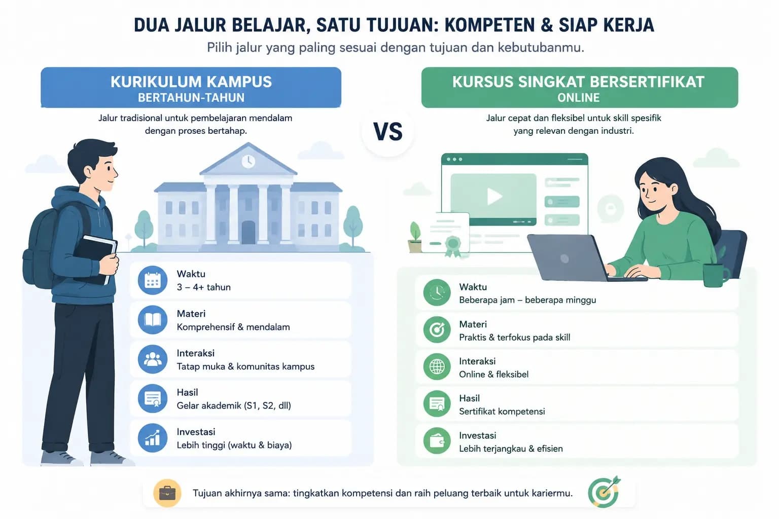 ilustrasi perbandingan dua jalur belajar — kurikulum kampus bertahun-tahun vs kursus singkat bersertifikat online