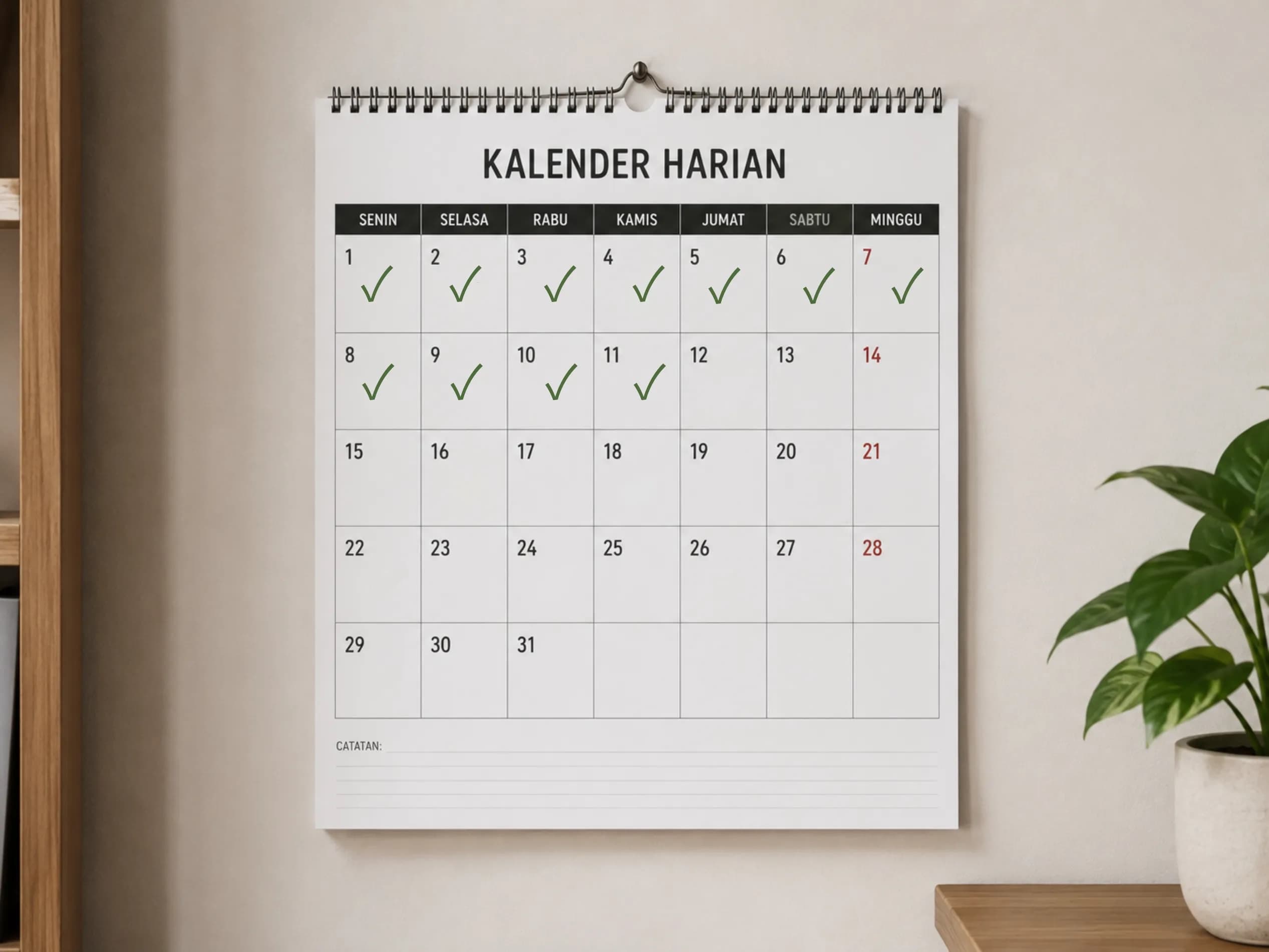 ilustrasi kalender di dinding dengan tanda centang di beberapa hari