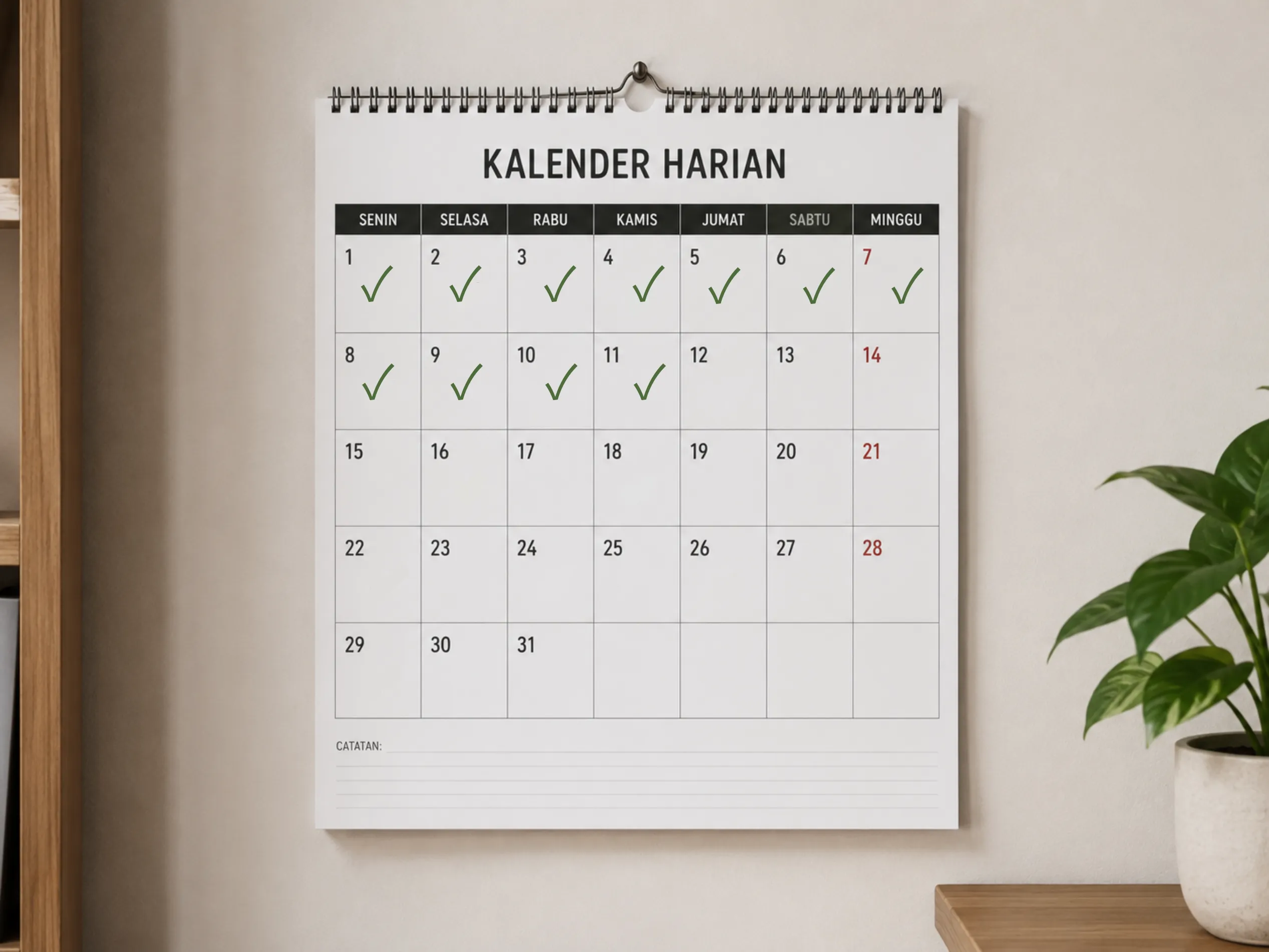 ilustrasi kalender di dinding dengan tanda centang di beberapa hari